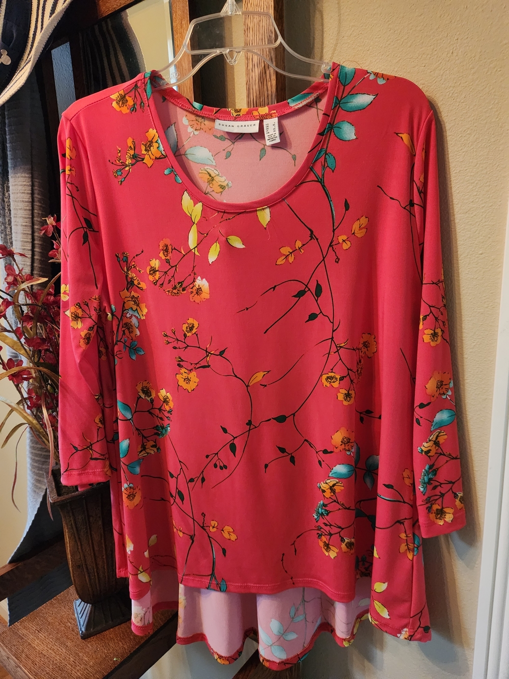Susan Graver Red Floral Scoop Neck Tunic